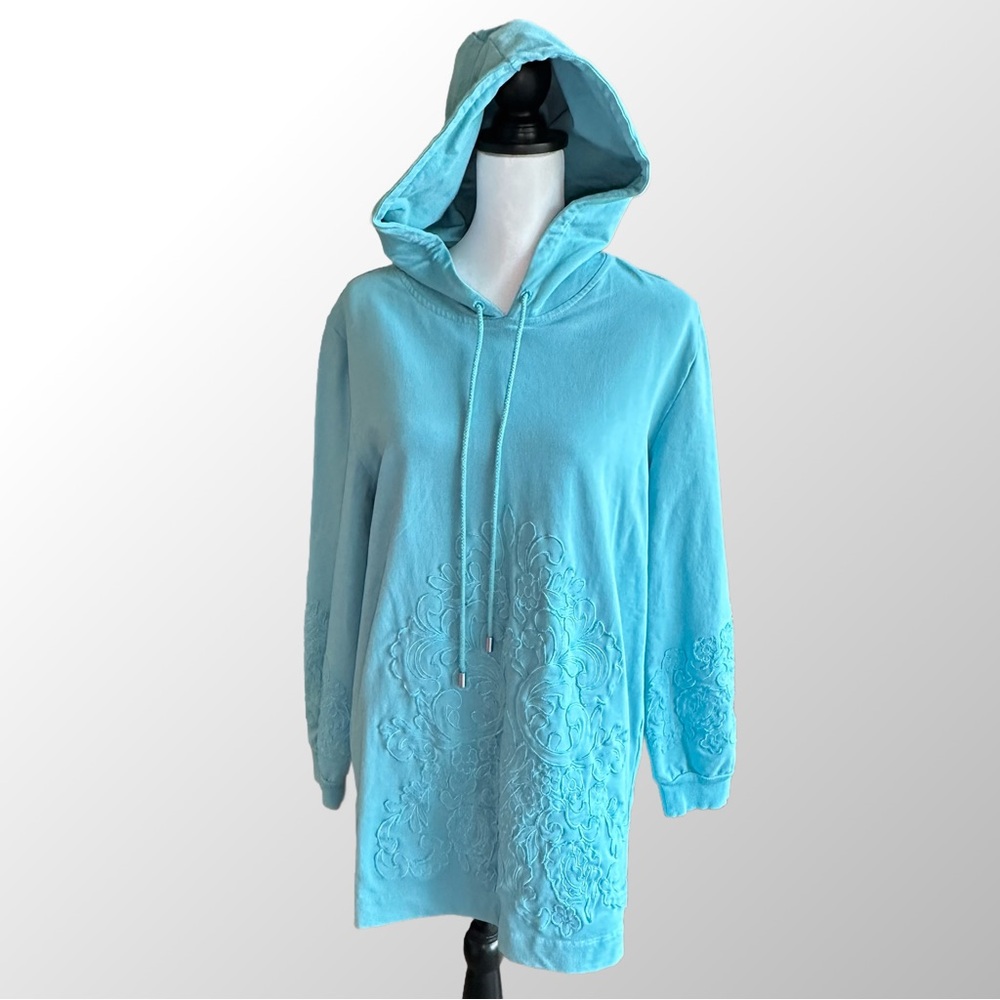 Soft Surroundings Hoodie Women’s Medium Light Blue Embroidered Sweatshirt